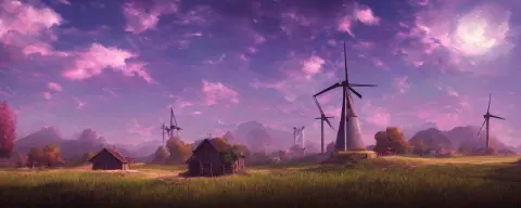 Landscape with Windmills in the Distance and a Small Cabin