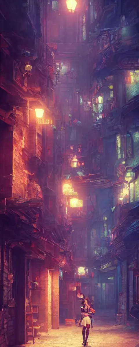 Portrait of Tavern Bard Gemma Chan Narrow Dark Streets with Exotic Dancers