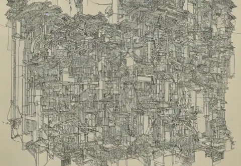 Artwork Made from Layers of Technical Drawings and Architectural Plans and Blueprints