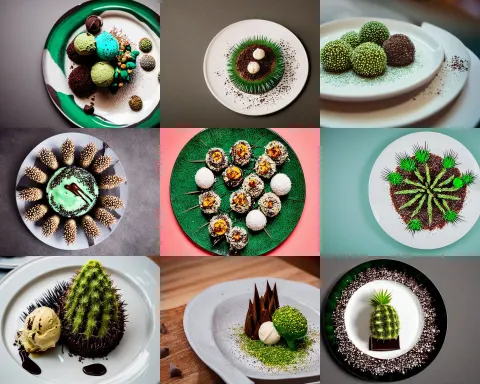 Fine Dining Dessert Plate of Spiky Chocolate Green Cactus and Ice Cream