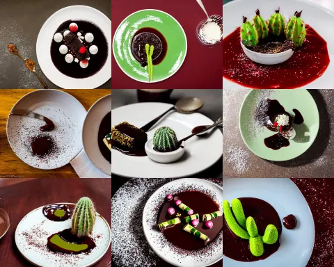 Fine Dining Dessert Plate of Cactus and Chocolate Sauce