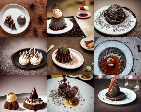 Fine Dining Dessert Plate of Spiky Chocolate Cactus and Ice Cream