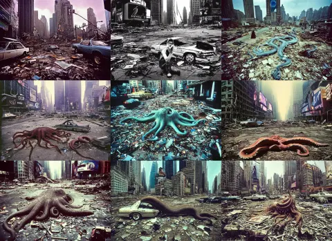 Giant Octopus Body Lyong on the Ground in Postapocalyptic Abandoned Destroyed Times Square