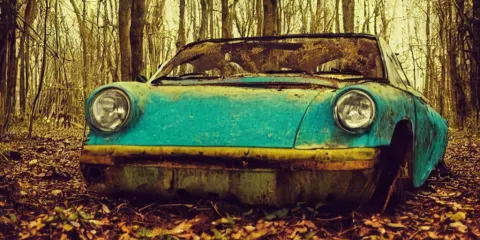 Analog Polaroid of Abandoned Car in a Forest