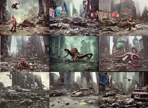 Giant Octopus Drag Queen Fighting Barney the Dinosaur Wearing a Steampunk Armor