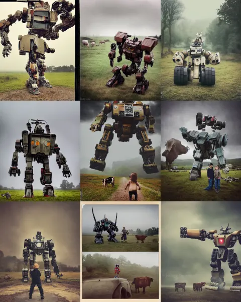 Giant Oversized Battle Pose Robot Mech as Giant Baby on a Village