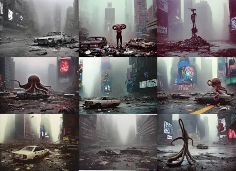 Giant Octopus Standing in Postapocalyptic Abandoned Destroyed Times Square