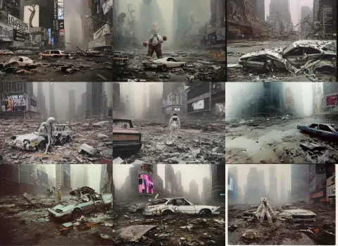 Octopus Wearing White Spacesuit in Postapocalyptic Abandoned Destroyed Times Square