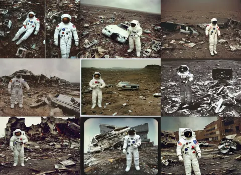 American White Spacesuit Astronaut in Postapocalyptic Abandoned Destroyed Crater
