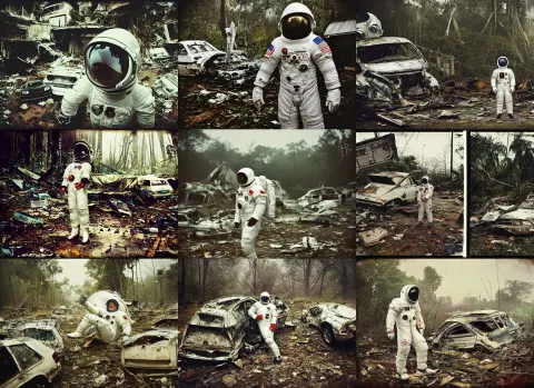 American White Spacesuit Astronaut in Postapocalyptic Abandoned Destroyed Jungle