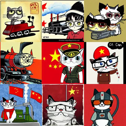 Anime Doodle of a Chibi Chinese Cat with Aviator Glasses as a Driver of a Steam Locomotive