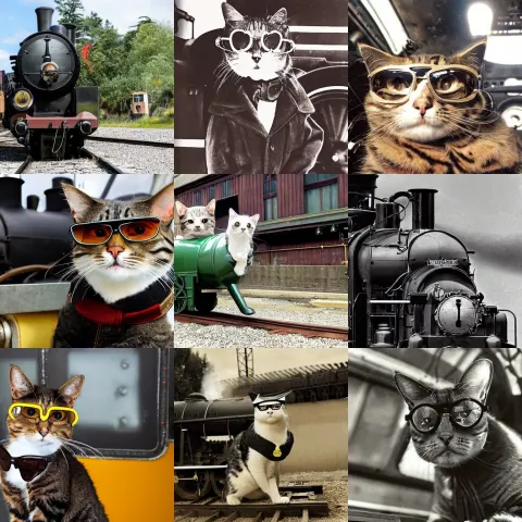 Cat with Aviator Glasses as a Driver of a Steam Locomotive
