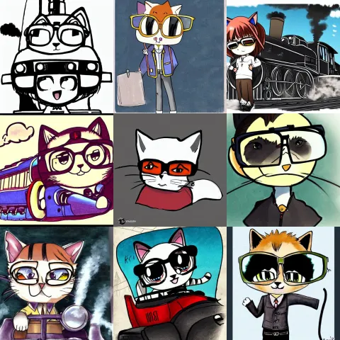 Anime Doodle of a Chibi Cat with Aviator Glasses as a Driver of a Steam Locomotive