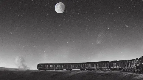 Spectral Steam Locomotive Pulling a Train of 13 Coach Dimly Lit