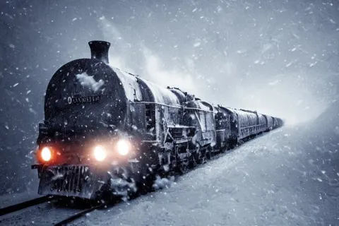 Old Locomotive Rushing Through Snow Storm in High Speed