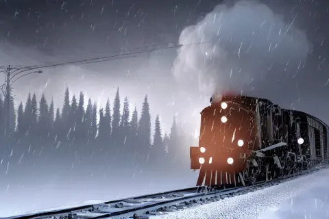 Old Locomotive is Rushing Through the Snow Storm in High Speed