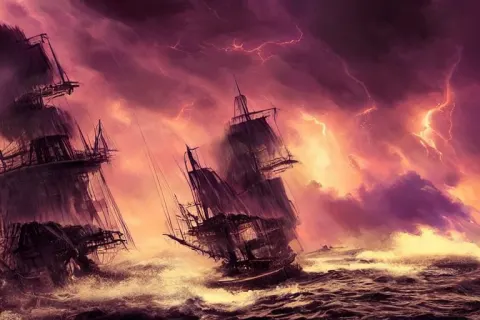 Huge Pirate Ships with Large White Sails Rocked