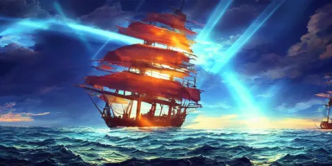 Pirate Ship Sailing with Glowing Birds Near the Ship