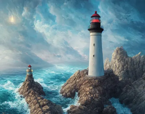 Fantasy Painting of a Lighthouse on the Edge of a Cliff Overseeing a Vast Ocean
