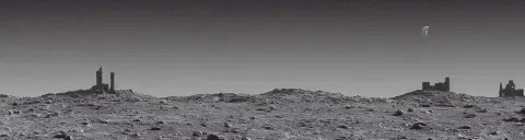 Landscape of the Lunar Surface with a Spooky Medieval Castle Tower on the Far Left