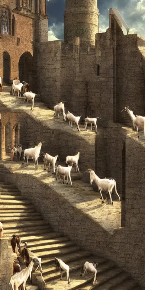 Herd of Goats! on Stairs in a Beautiful Fantasy Cathedral