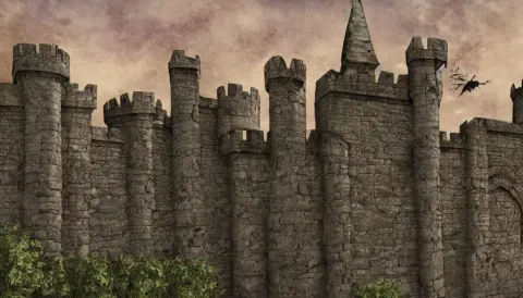 Wall of a Medieval Castle with Creepy Gargoyles on the Cornice