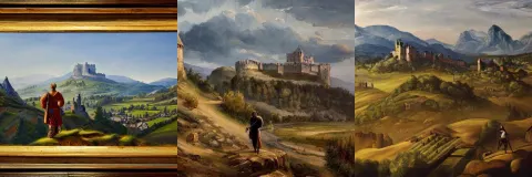 Painting of a Magnificent Medieval Castle Between the Hills and Fields
