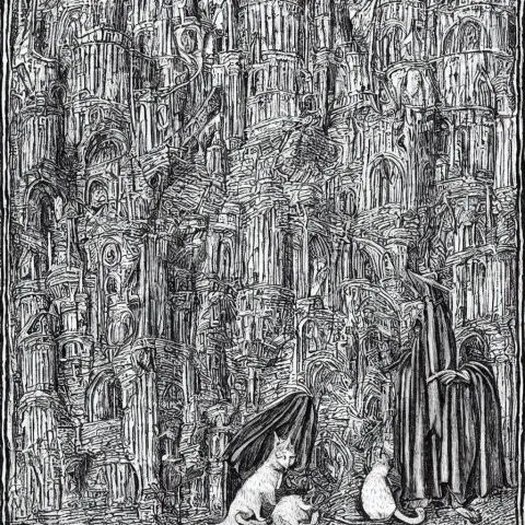Gray Striped Cat Disguised as a Wizard Merlin in Front of the Castle of Camelot