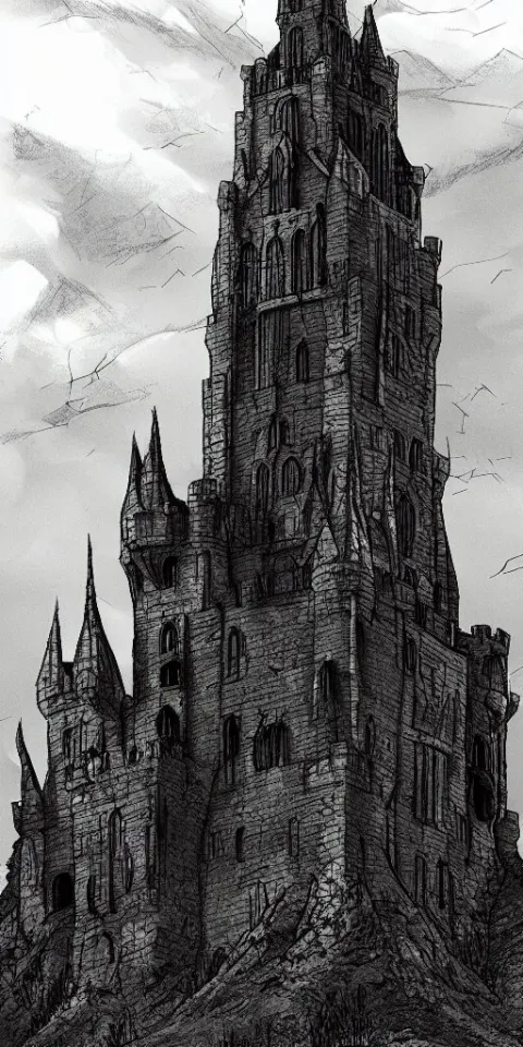 Lord of the Rings Tall Medieval Tower of Dark Stone on a Castle on a Hill