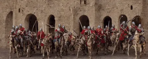 Medieval Knights Defending a Large Mound of Spaghetti Behind the Castle Gates