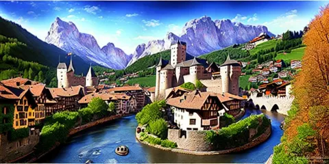 View of Medieval Walled City Nestled in a Mountain with Small River Flowing Through Center