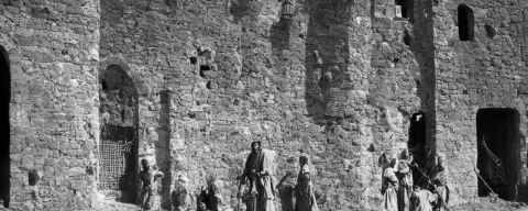Medieval Castle with Knights Protecting a Giant Mound of Spaghetti Behind the Walls