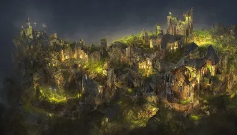 Medieval Castle Built in the Green Mountains with Villages Around at Night