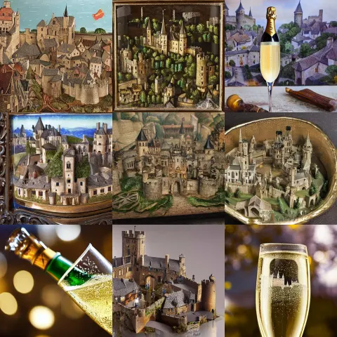 Glass of Champagne Containing a Medieval Village with a Castle