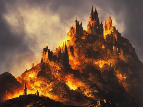 Modern Stylized Oil Painting of Medieval Castle on Mountain