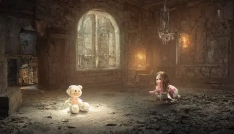 Little Girl Playing with Her Teddy Bear in the Floor of an Abandoned Medieval Castle