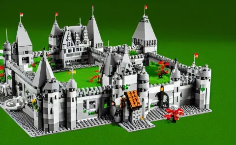 Realistic Detailed Accurate Lego Set of a Medieval French Castle on a Forested Green Hill