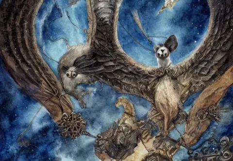 Epic Winged Possum Flying over a Medieval Castle under a Dark Starred Sky