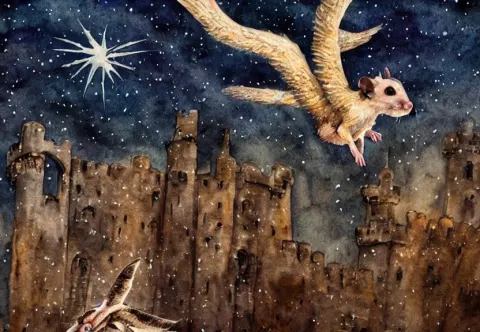 Winged Possum Flying over a Medieval Castle under a Dark Starred Sky