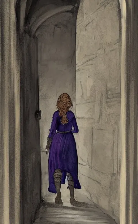 Medieval Servant Girl Walking in Castle Hallway