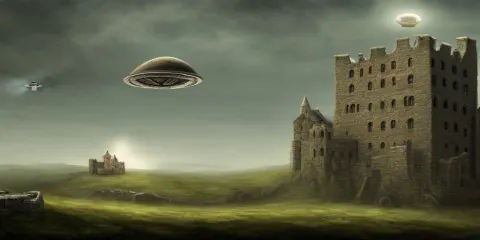 Ufo Flying Saucer Hovering over a Stone Brick Castle