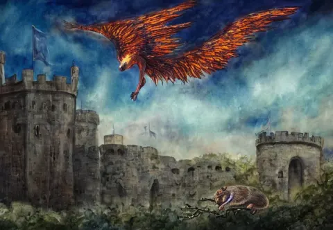 Legendary Fire Winged Possum is Flying over a Medieval Castle under the Dark Starred Sky