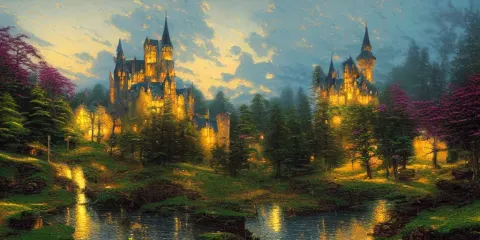 Thomas Kinkade Painting of Medieval Castle with Lit Windows in the Woods