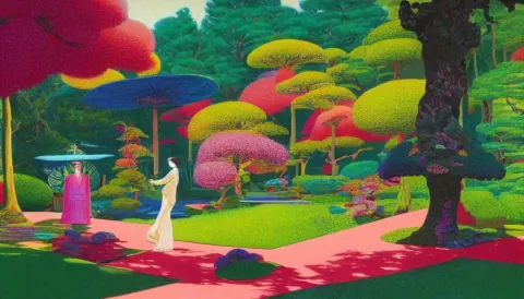 Vibrant Dream of Psychedelic Hallucinations of a Beautiful Japanese Temple Garden