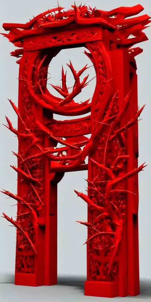 3 D Render of a Carved Red Torii Gate Sculpture
