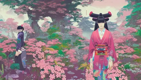 Digital Painting of a Magical Japanese Temple with a Woman Wearing Gucci Exploring