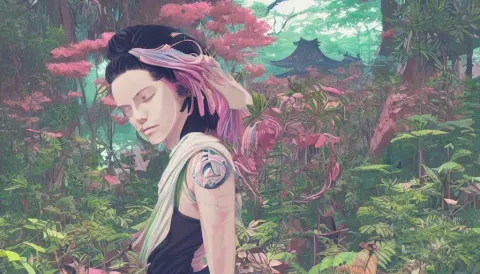 Digital Painting of a Woman Exploring a Japanese Temple