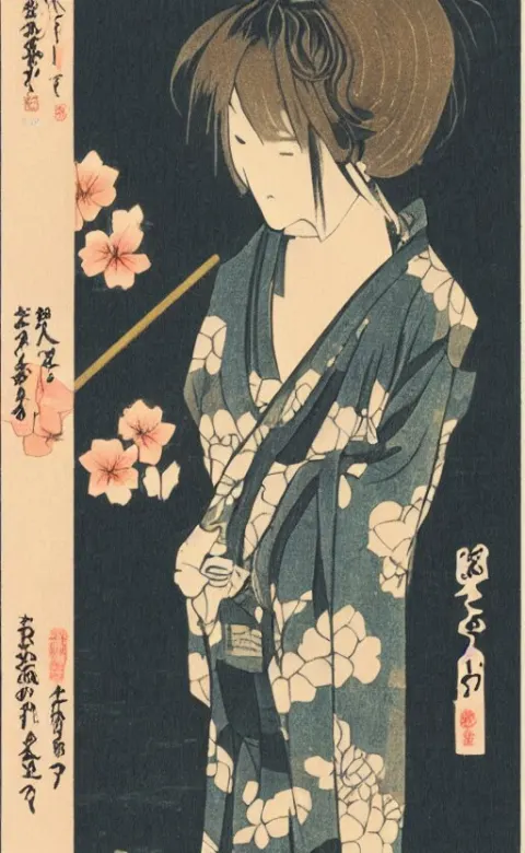 Manga Art Girl Next to Goose Bird in Japanese Temple