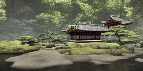 Ancient Japanese Temple in the Middle of a Forest Mear a Small River