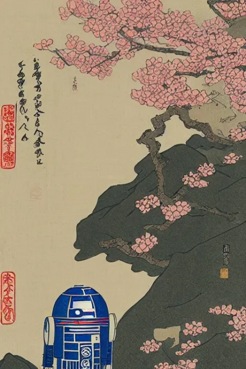 Japanese Woodblock Print of R2d2 in Front of a Japanese Temple